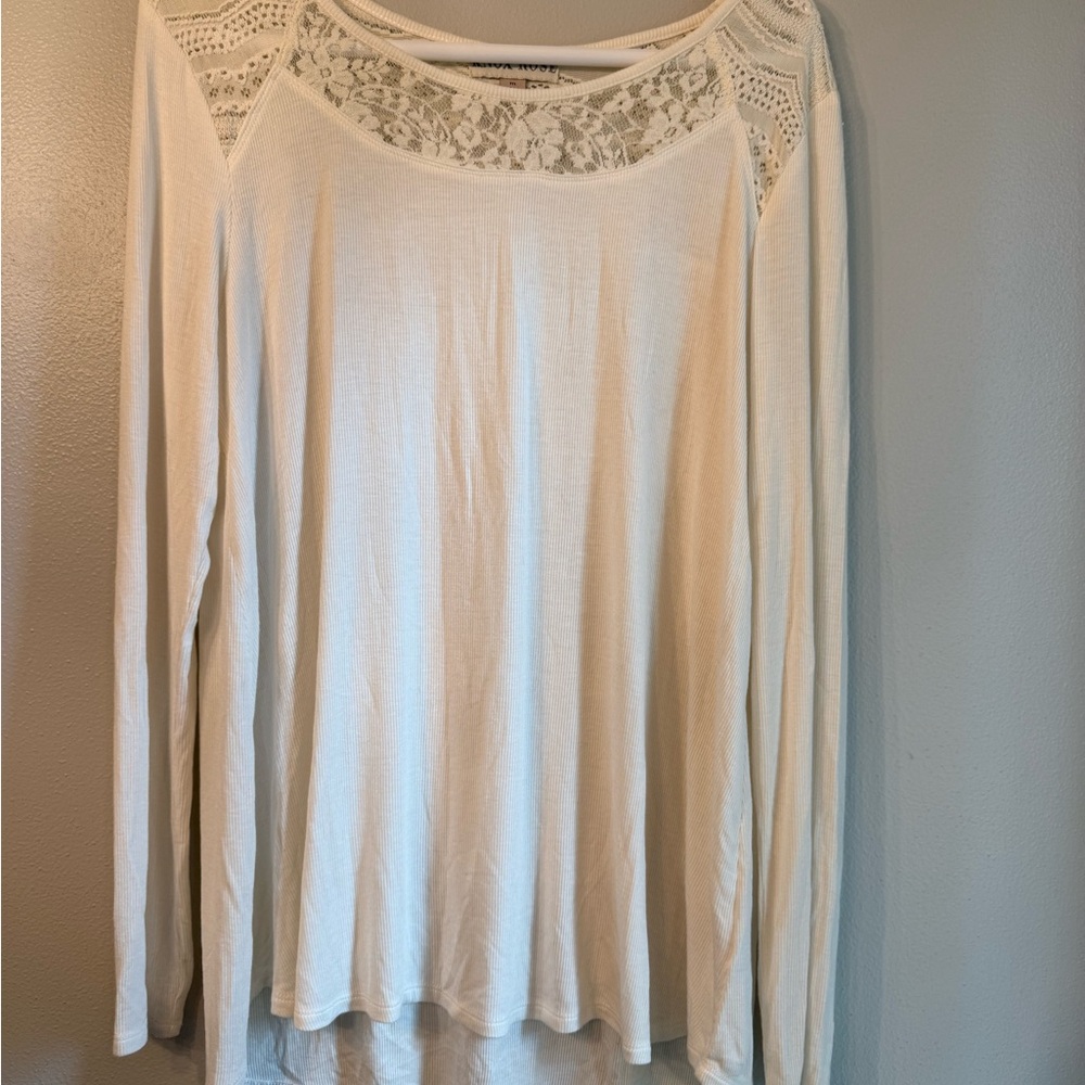 Knox Rose Woman’s Cream Lace Accent Long Sleeve Top